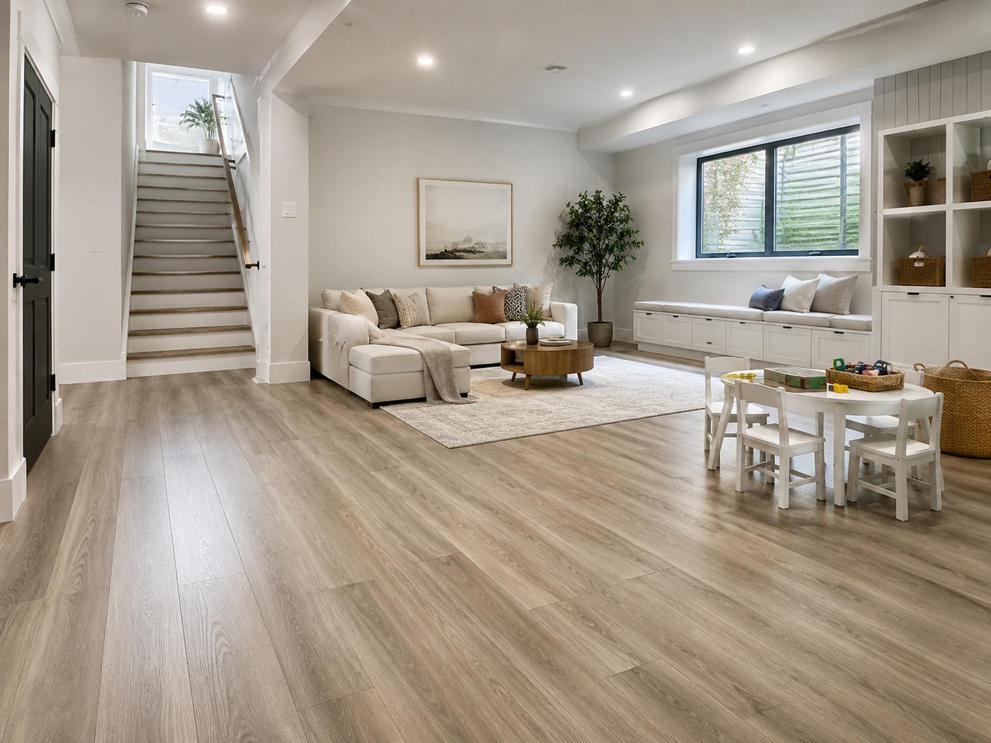 Laminate flooring installed in a finished basement playroom