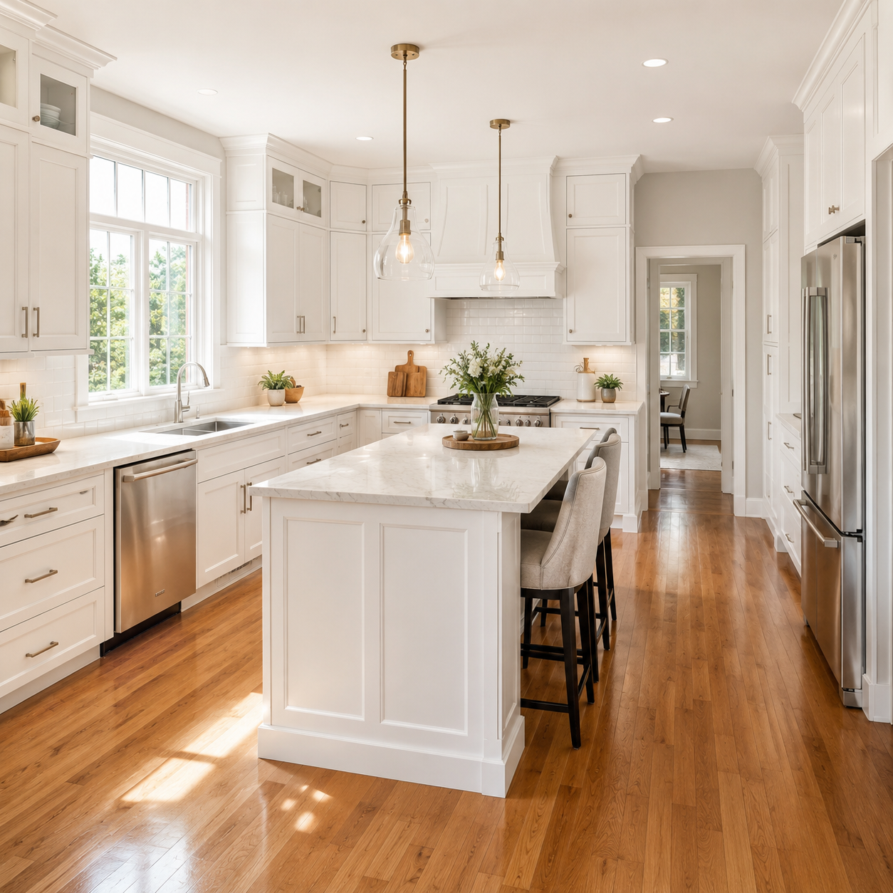 White kitchen remodel with marble island Morris County NJ