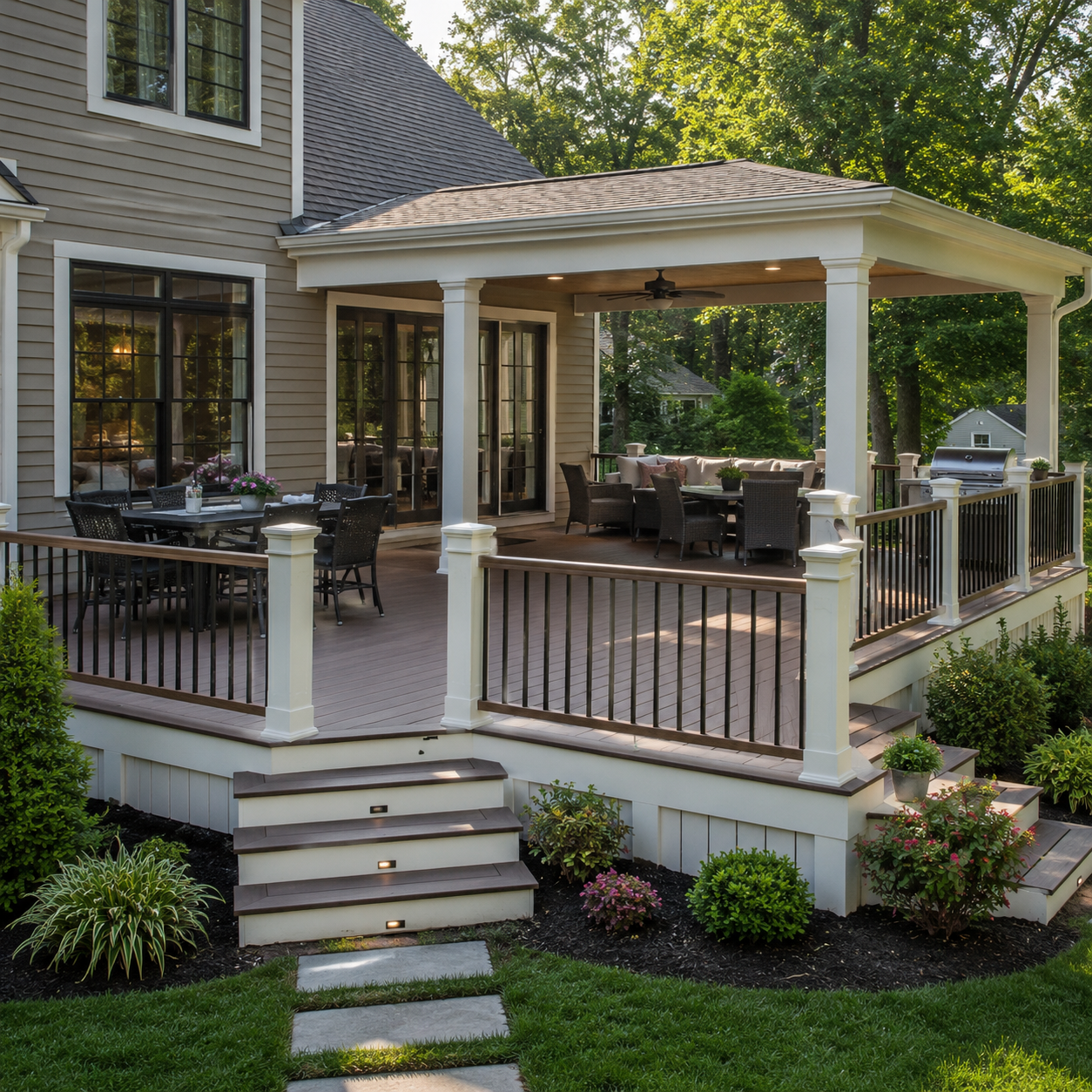 Covered deck with railing and outdoor living space Morris County NJ