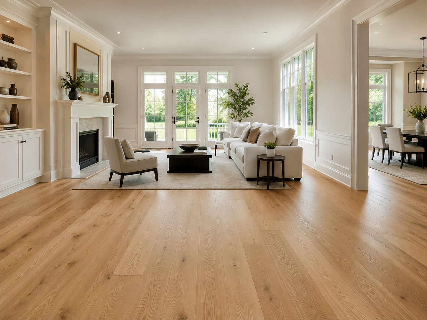 Light hardwood flooring installed in an open Morris County living room