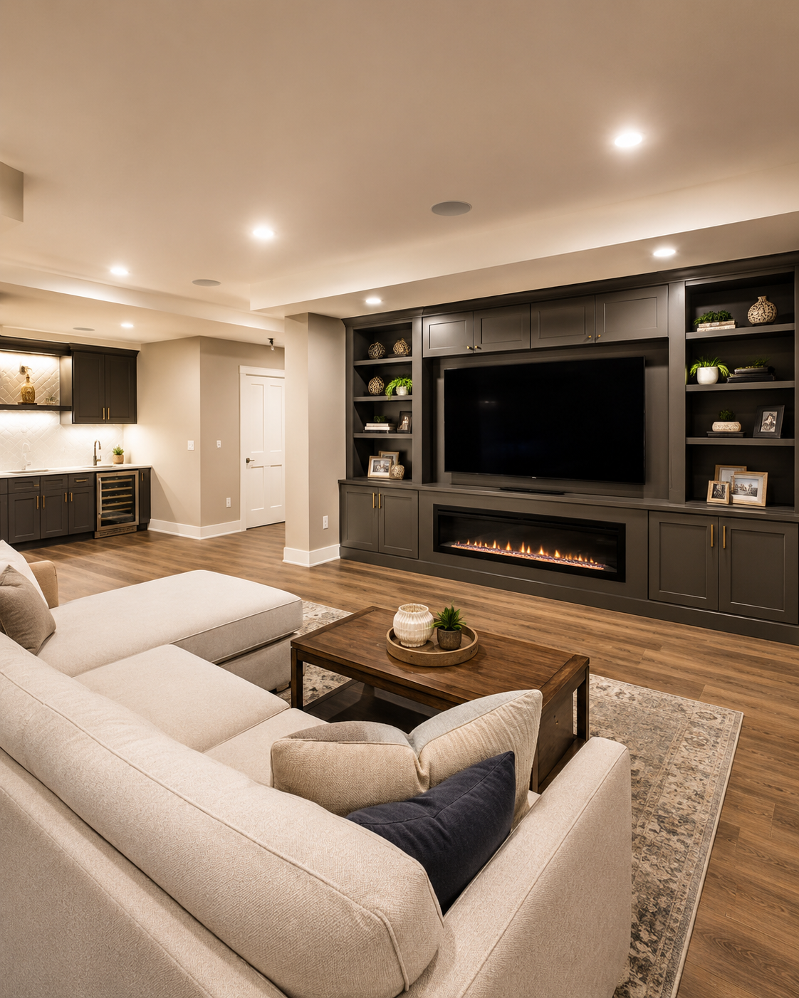 Basement remodel with dark media wall and fireplace Morris County NJ