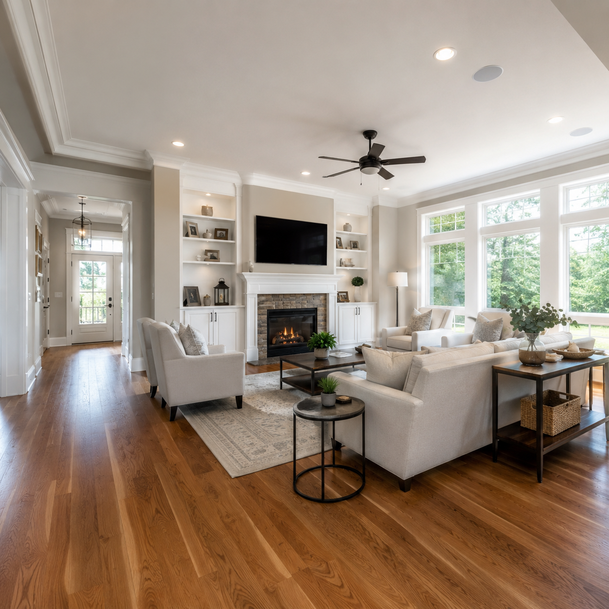 Living room with built-ins, fireplace and hardwood flooring Morris County NJ