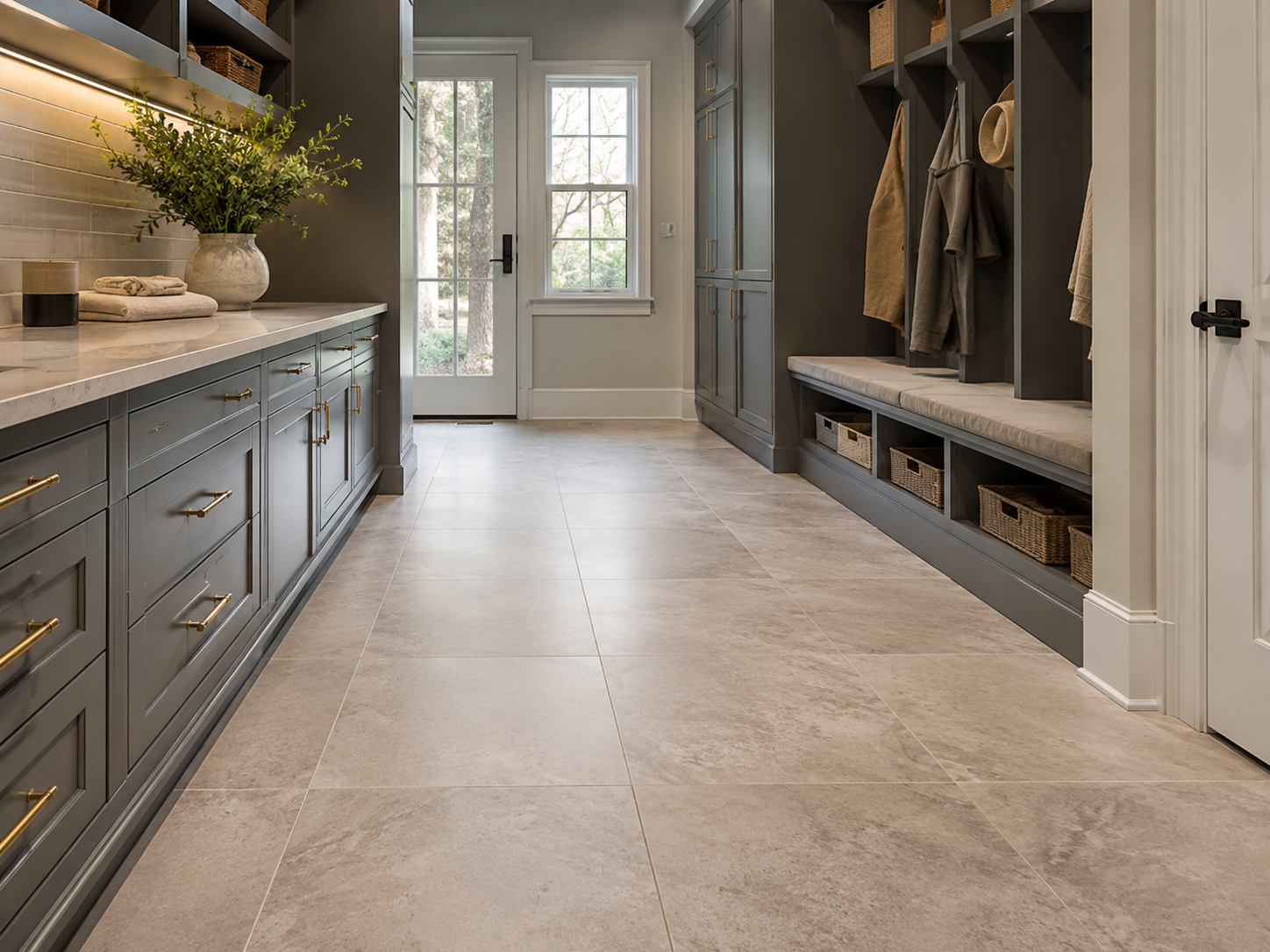 Large-format tile flooring installed in a mudroom
