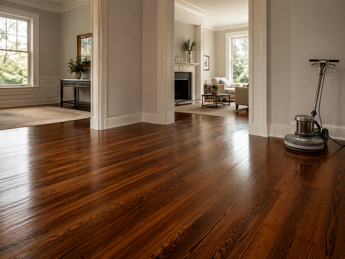 Dark refinished hardwood floors in a Morris County home
